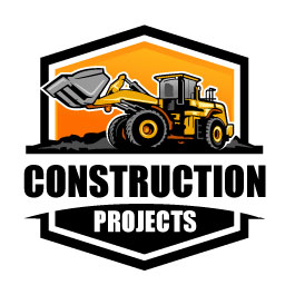 An illustration of a yellow, wheel loader with black text below, construction projects.